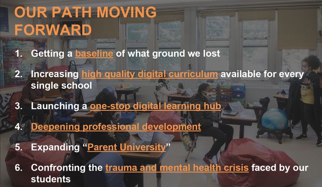 A slide from the mayor's press conference outlining steps to be taken to address learning loss resulting from the pandemic.